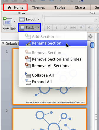 Rename Section option within the Section drop-down menu Rename Section option within the Section drop-down menu