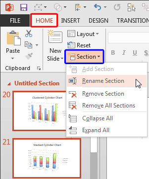 Rename Section option within the Section drop-down menu