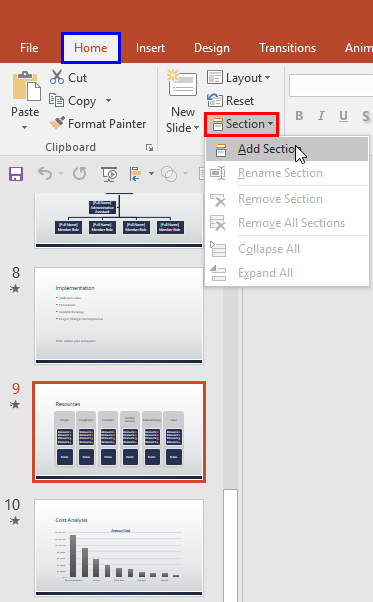Add Section option within the Section drop-down menu Add Section option within the Section drop-down menu