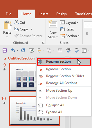Rename Section option within the right-click contextual menu Rename Section option within the right-click contextual menu
