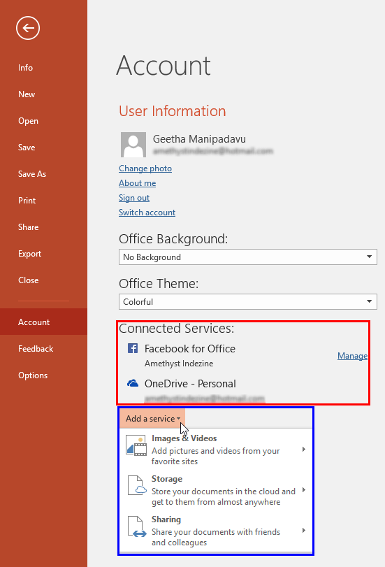 Account window within the Backstage view Account window within the Backstage view