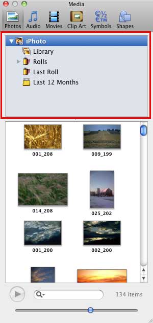 Folder/Browser pane displaying iPhoto content Folder/Browser pane displaying iPhoto content