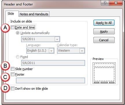 Slide tab within Header and Footer dialog box