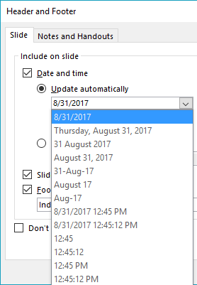 Date (or date and time) format drop-down list