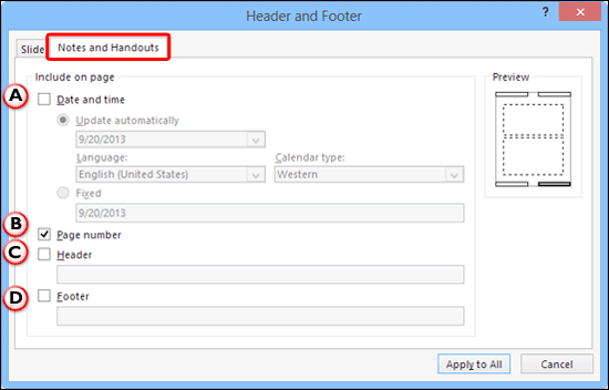 Notes and Handouts tab within Header and Footer dialog box Notes and Handouts tab within Header and Footer dialog box