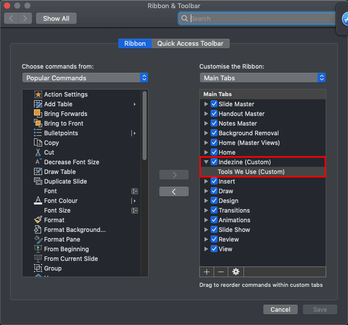 Ribbon & Toolbar dialog box showing Custom group within new Ribbon tab Ribbon & Toolbar dialog box showing Custom group within new Ribbon tab
