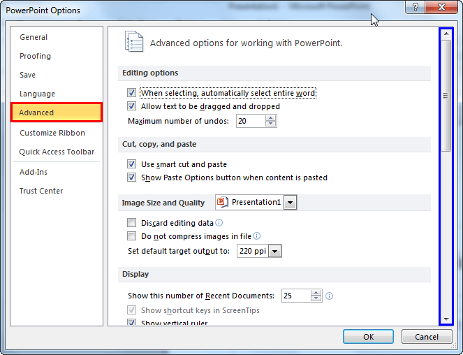 Advanced tab of the PowerPoint Options dialog box Advanced tab of the PowerPoint Options dialog box
