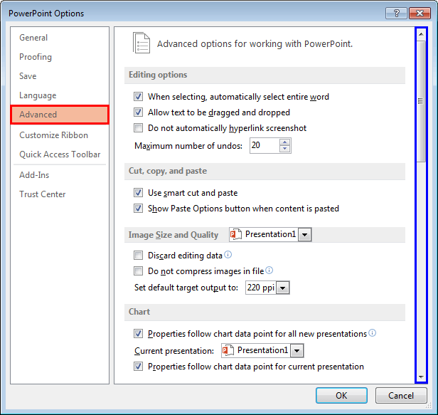 Advanced tab of the PowerPoint Options dialog box Advanced tab of the PowerPoint Options dialog box