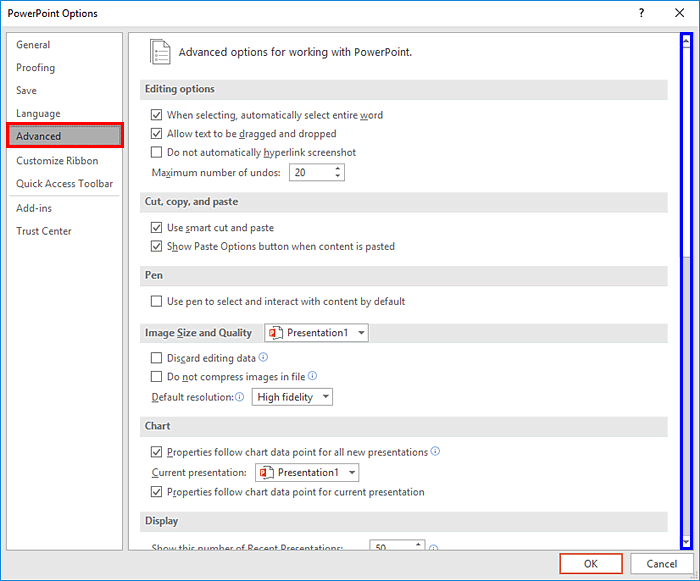 Advanced tab of the PowerPoint Options dialog box Advanced tab of the PowerPoint Options dialog box