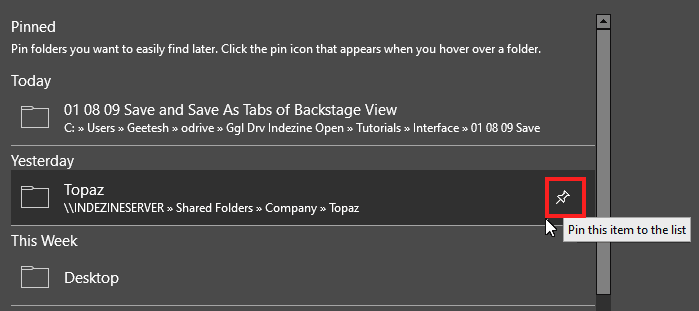 Pin this item to the list icon
