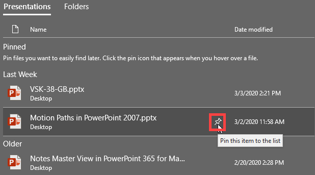 Pin this item to the list icon