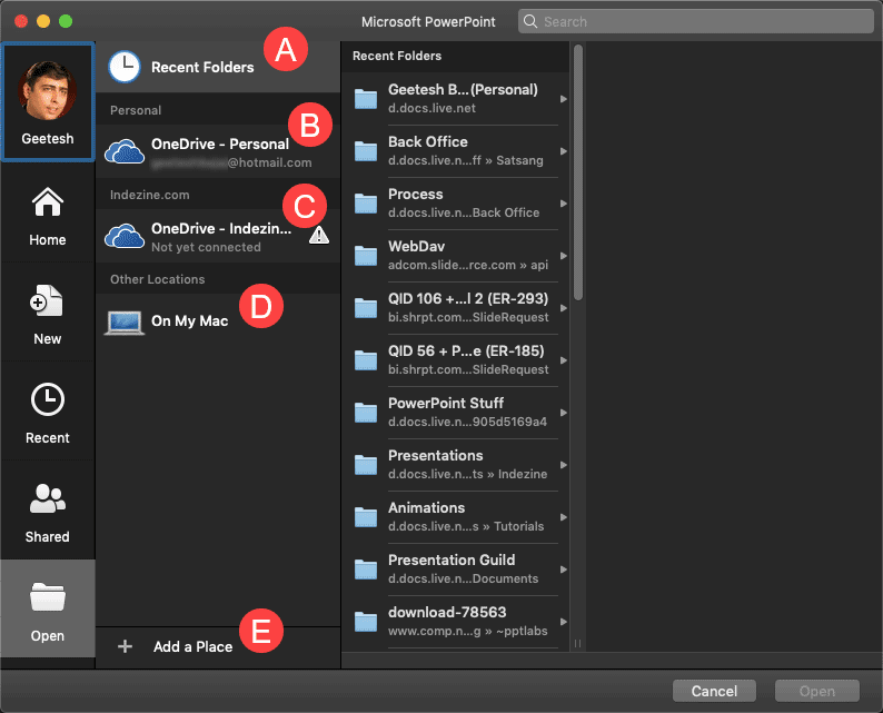 Open tab selected within Backstage view