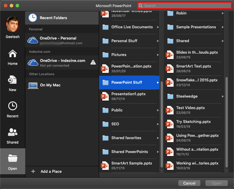 Recent Folders and Presentations