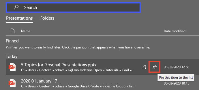 Pin this item to the list icon