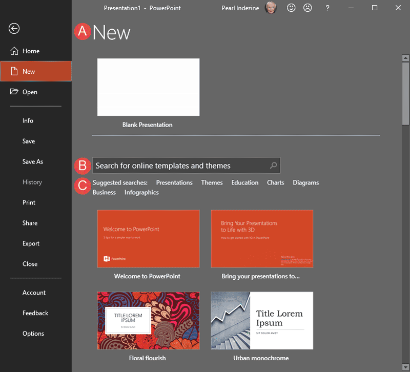 New tab selected within Backstage view in PowerPoint 2019 for Windows