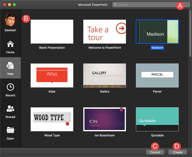 New tab selected within Backstage view in PowerPoint 365 for Mac