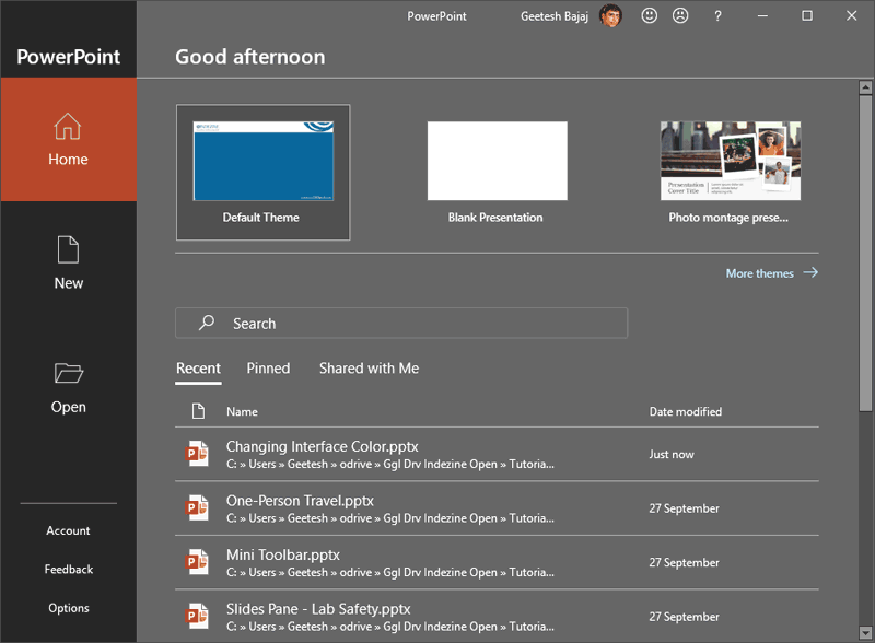 Backstage view displaying changed interface color