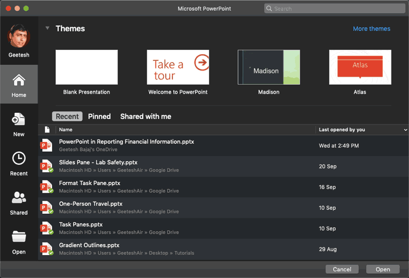 Backstage view displaying changed interface color