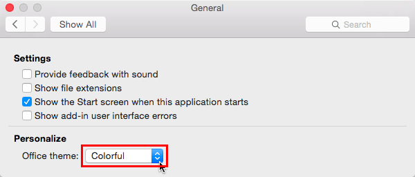 Colorful option selected as the default Office Theme