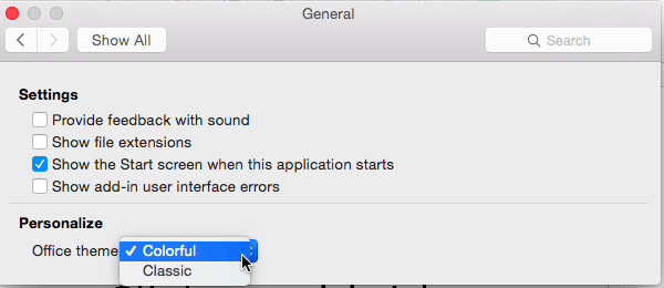 Office theme drop-down list