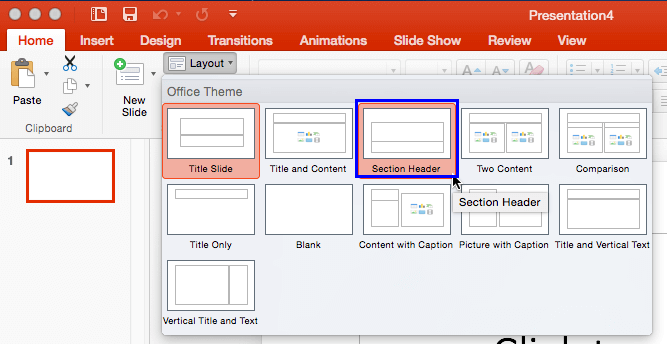 Section Header Layout to be selected in Layout Gallery