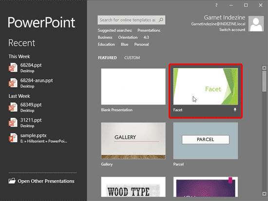 Facet Theme selected within the Presentation gallery
