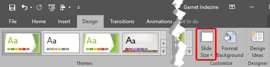 Slide Size button within the Design tab of the Ribbon