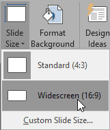 Widescreen (16:9) option within Slide Size drop-down gallery