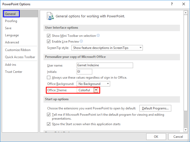 PowerPoint Options dialog box