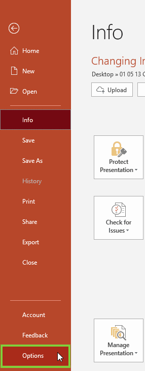 Options within Backstage view