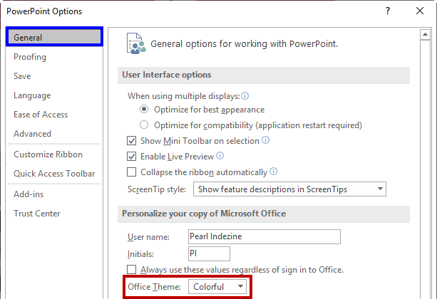 PowerPoint Options dialog box