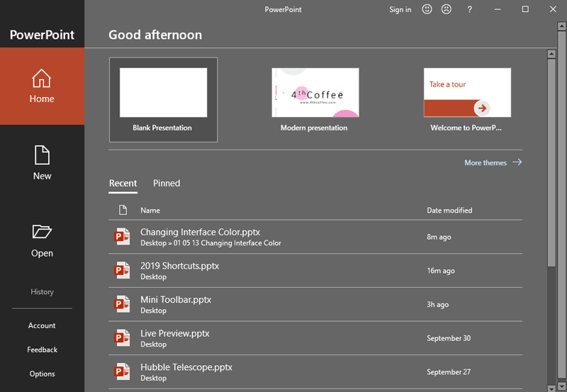 Backstage view displaying changed interface color
