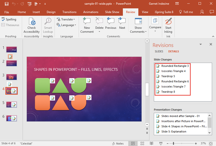 Changes displayed on the Revisions Task Pane Changes displayed on the Revisions Task Pane