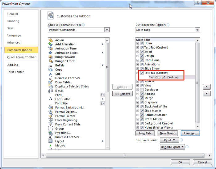 PowerPoint Options dialog box showing Custom group within new Ribbon tab PowerPoint Options dialog box showing Custom group within new Ribbon tab