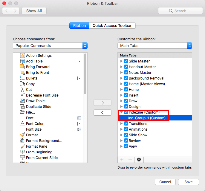 PowerPoint Options dialog box showing Custom group within new Ribbon tab