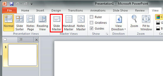 Slide Master button within Master Views group of View tab of the Ribbon