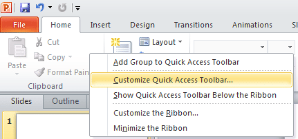Customize Quick Access Toolbar option within the right-click contextual menu