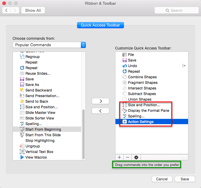Commands added to the Customize Quick Access Toolbar list Commands added to the Customize Quick Access Toolbar list