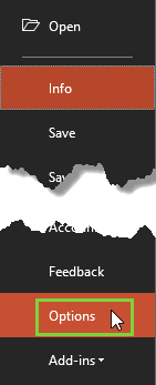 Options within File menu