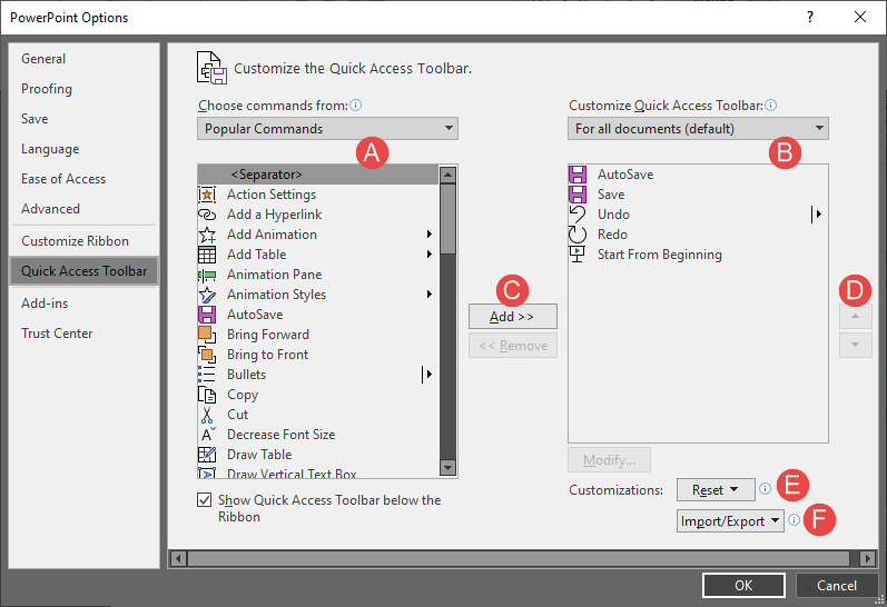 PowerPoint Options dialog box PowerPoint Options dialog box
