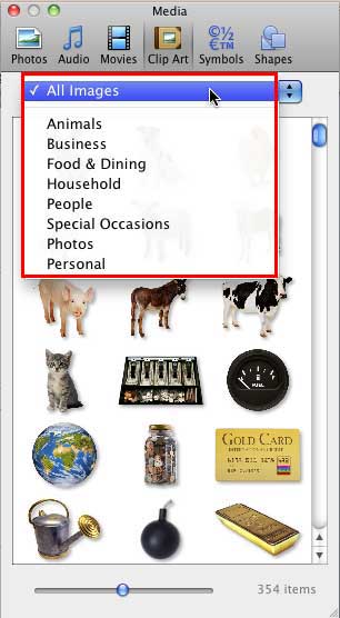 Categories within Clip Art tab of Media Browser Categories within Clip Art tab of Media Browser