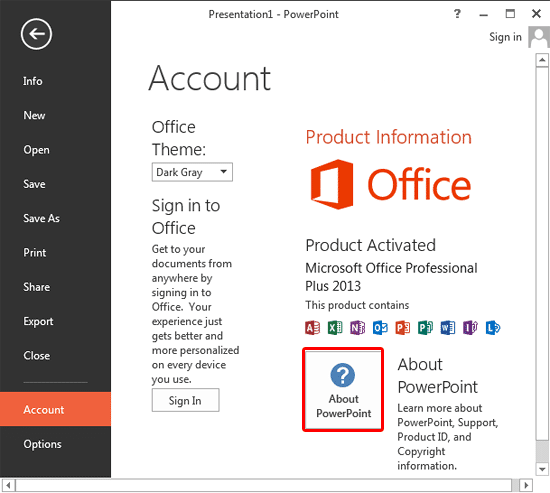 About PowerPoint button About PowerPoint button