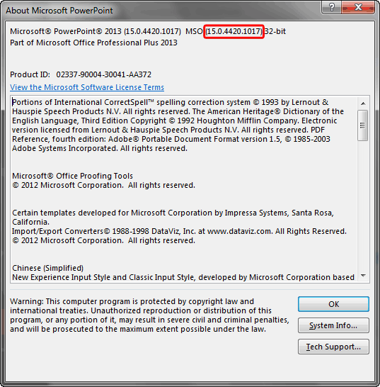 About Microsoft PowerPoint dialog box About Microsoft PowerPoint dialog box