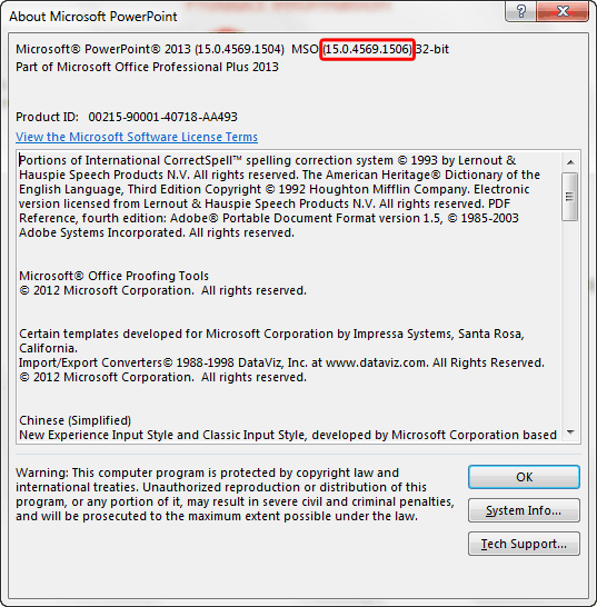 About Microsoft PowerPoint dialog box shows the SP1 installed About Microsoft PowerPoint dialog box shows the SP1 installed