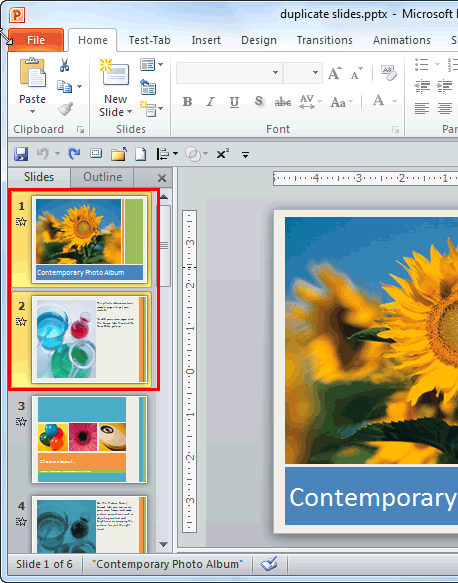 Slides to be duplicated selected within the Slides Pane