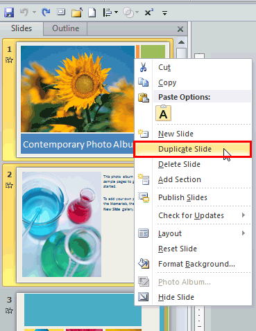 Duplicate Slide option within the right-click contextual menu