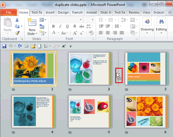Ctrl+drag the slides to duplicate in Slide Sorter view
