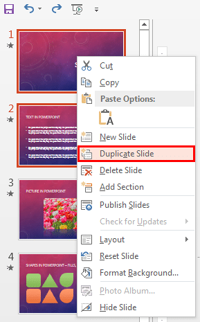 Duplicate Slide option within the right-click contextual menu