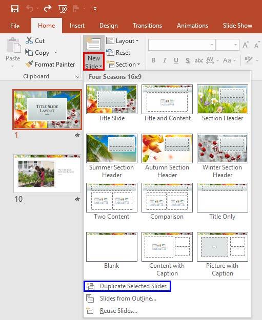 Duplicate Selected Slides option Duplicate Selected Slides option