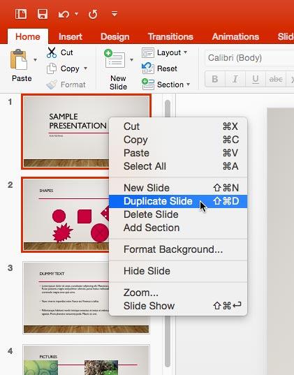 Duplicate Slide option within the right-click contextual menu